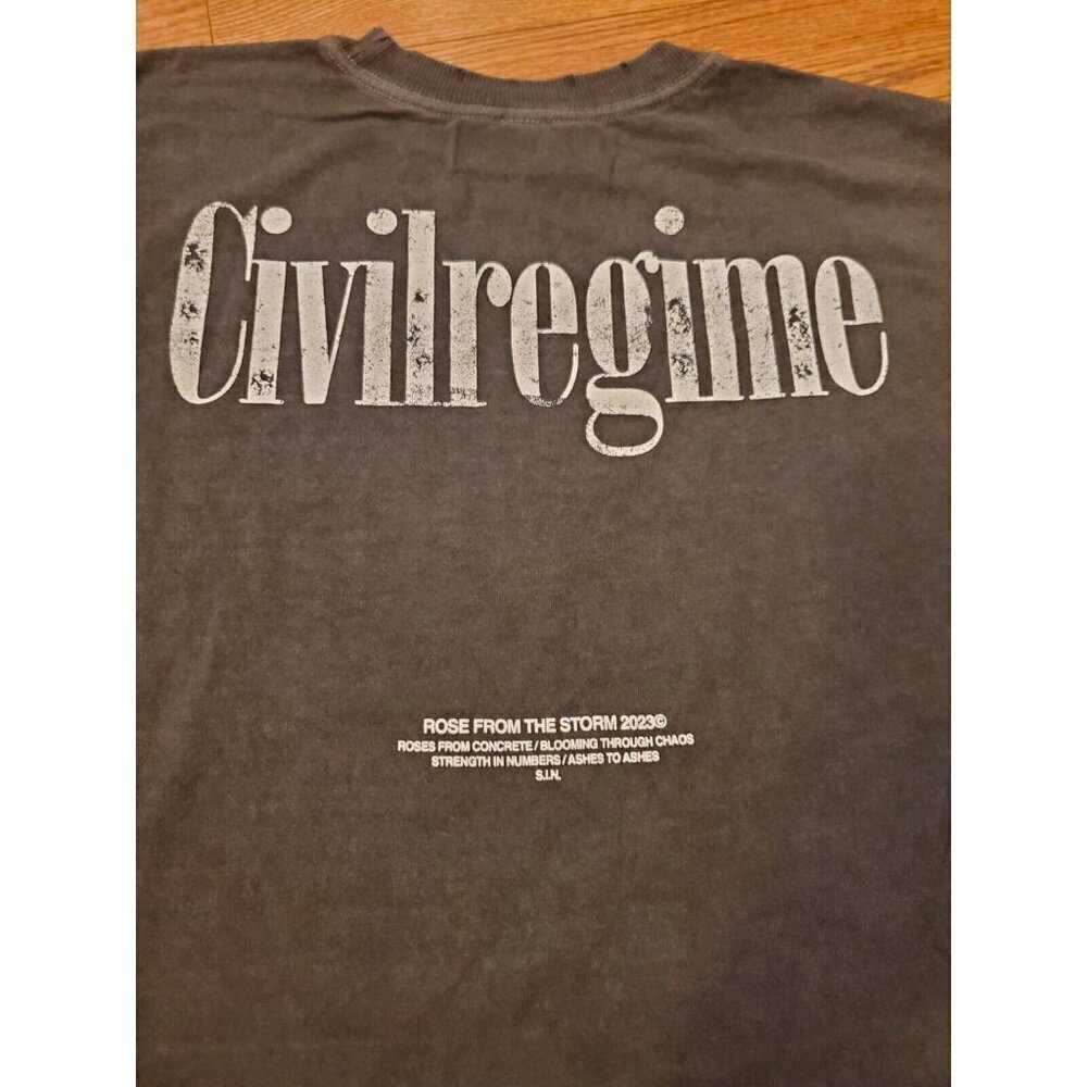 Civil Regime Shirt Mens‎ Sz Medium Distressed Hems Dark Gray Back Logo 1/500 - Picture 2 of 9